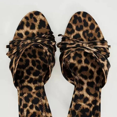 Elegant Leopard Print Bow Knot High Heel Mules for Women